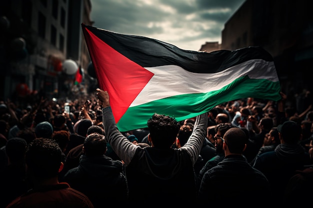 Foto la multitud protesta apasionadamente con una bandera palestina que aboga por una palestina libre y para detener la guerra