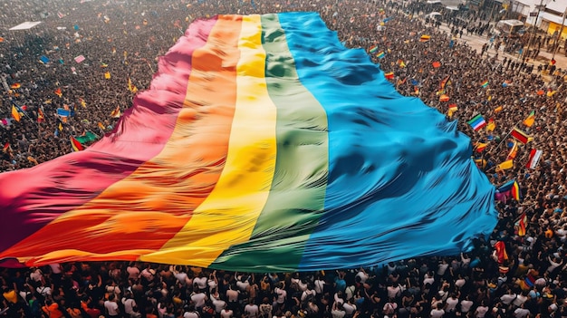 Multitud sostiene una gran bandera LGBT creada con IA generativa