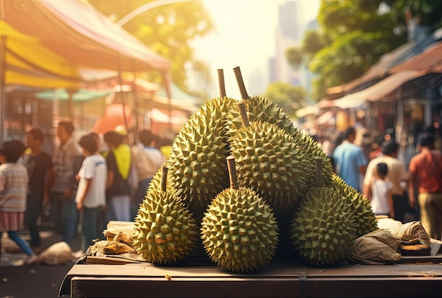 Foto una multitud viene a comprar la fruta seca del durián