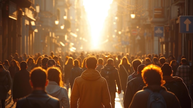 Multitudes al atardecer en la calle de la ciudad