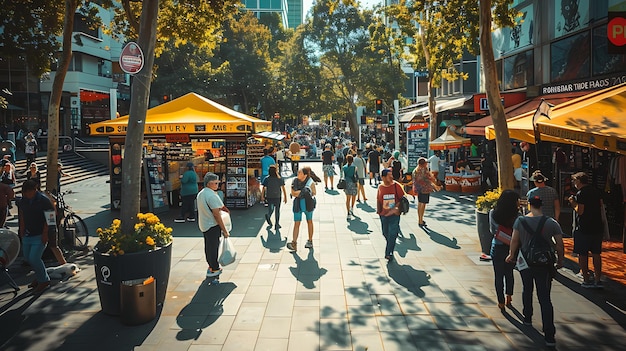 Foto multitudes de personas caminando por una concurrida calle de la ciudad con grandes edificios a ambos lados y árboles que proporcionan sombra