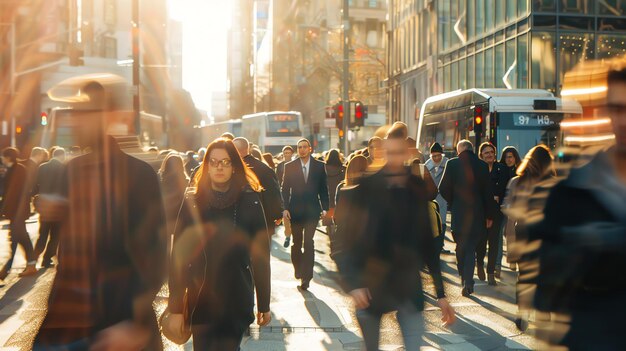 Foto multitudes de personas cruzando una concurrida calle de la ciudad durante la hora pico con el sol brillando brillantemente por encima del movimiento borroso con la cálida luz del sol