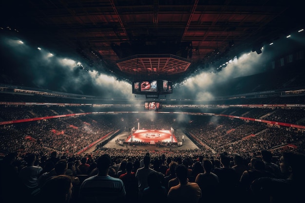 Multitudes de personas llenan el estadio con entusiasmo viendo cómo se desarrolla un apasionante partido de baloncesto. Un combate de boxeo que se desarrolla en un estadio lleno. Generado por IA.