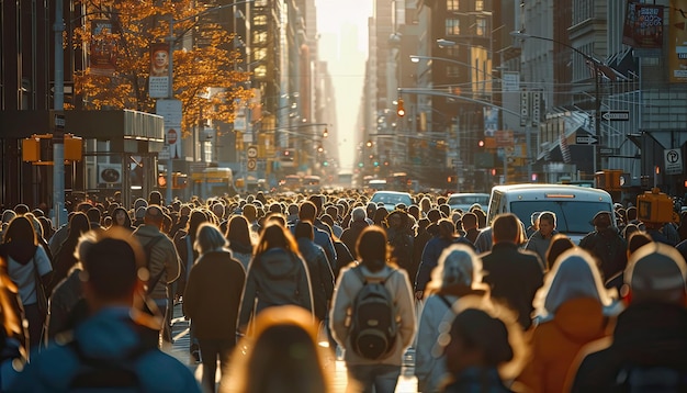 Multitudes de viajeros bañados en la cálida luz del sol vespertina capturada durante una agitada hora pico urbana