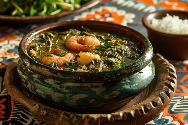 Mulukhiyah ägyptisches Gericht, das aus Mulukhiya-Pflanzenblättern mit Hühnchen oder Garnelen gekocht wird