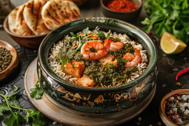 Mulukhiyah Plato egipcio hecho de hojas de la planta Mulukhiyeh cocinadas con pollo o camarón