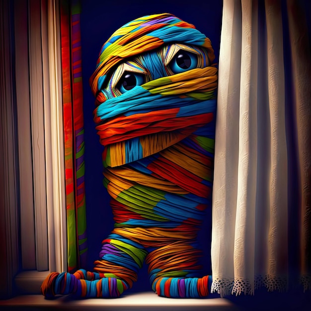 Múmia fofa feita de cortinas coloridas