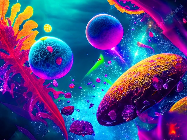 mundo alienígena colorido cheio de vida microscópica o brilho das gemas cores ricas néon UV