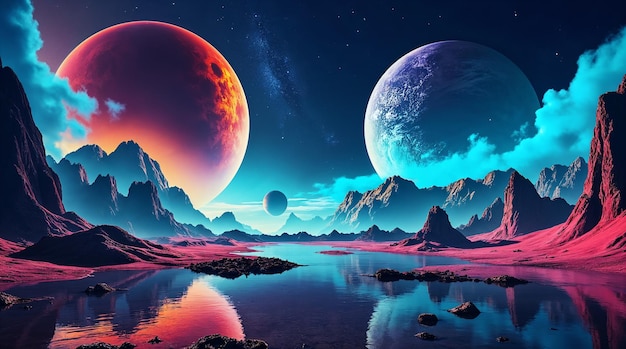 Mundo alienígena vibrante: uma paisagem cósmica com planetas gêmeos