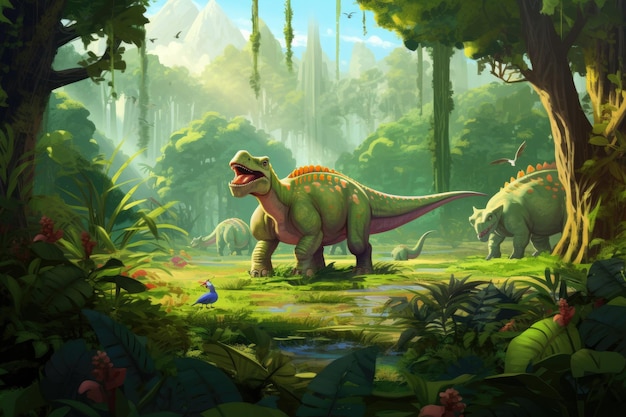 Un mundo amistoso de dinosaurios lleno de vegetación verde exuberante