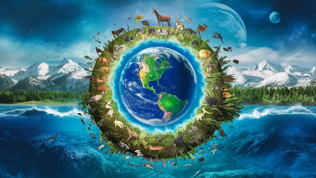 un mundo con animales a su alrededor y un mundo a su alrededor