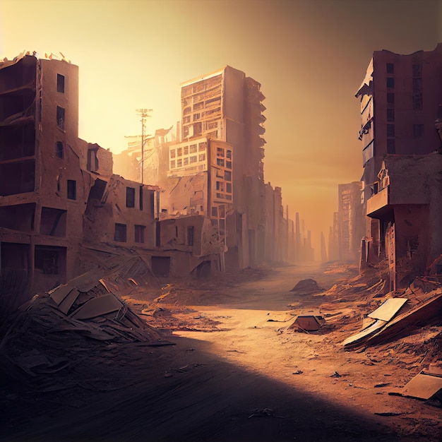 Mundo após desastre e cidade pós-apocalíptica vazia da guerra atômica