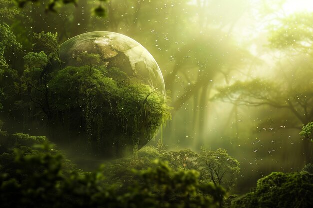 Foto un mundo en el bosque con árboles y un globo