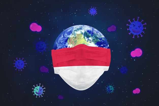 Mundo com máscara facial de bandeira da Indonésia e coronavírus