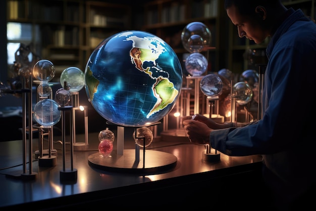 Mundo da Pesquisa Científica Mundo da Ciência Esferas de vidro brilhantes garrafas tubos de ensaio Laboratório futurista Ilustração de IA generativa