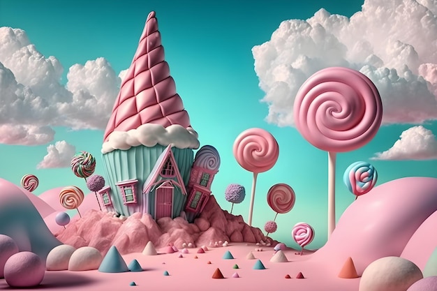 Mundo de doces de fantasia em tons de rosa pastel paisagem de desenho animado