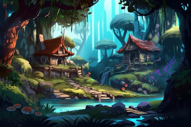 Mundo de fantasia 2d fundo do jogo para celular casas de jogos 2d ambiente  de rpg mundo aberto gerado por ia