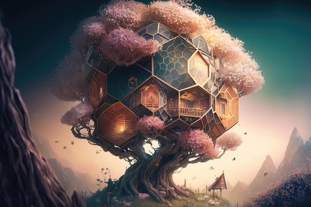 Mundo de fantasia de casa na árvore hexagonal