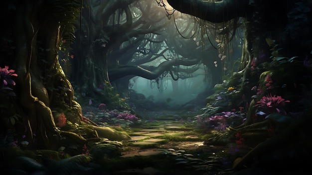 mundo de fantasia de encantamento na floresta mística com castelo antigo