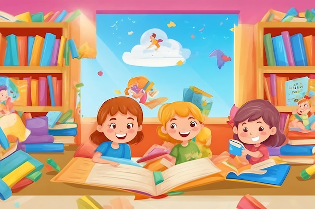 Mundo de fantasia na mão Ilustrações de crianças lendo para o Dia Mundial do Livro