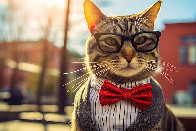 En un mundo de dibujos animados caprichosos, un gato se pone gafas de sol y una corbata de moño que se pavonea con confianza. Un felino genial y cómico con un toque de ilustración de estilo manga generativo ai