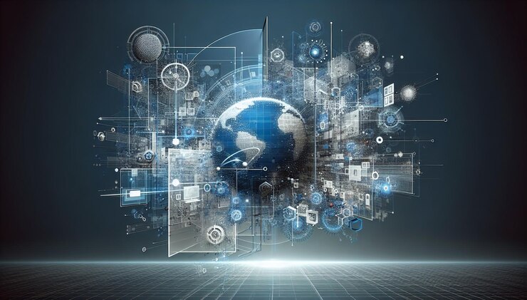 mundo digital con un mapa del mundo en la parte superior
