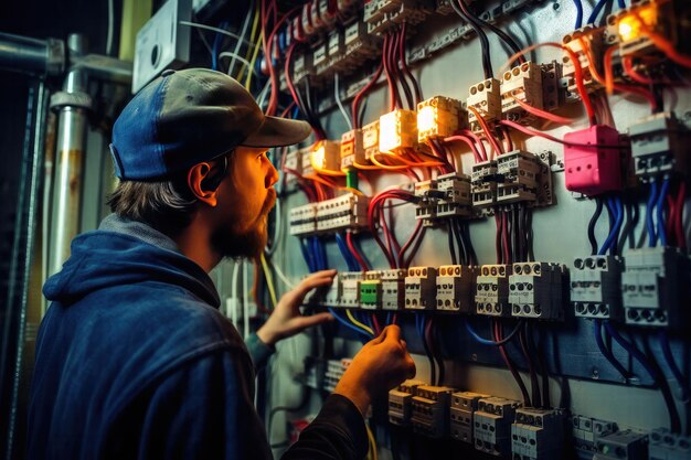 El mundo dinámico de un técnico eléctrico que captura la esencia de las operaciones del cuadro de distribución con