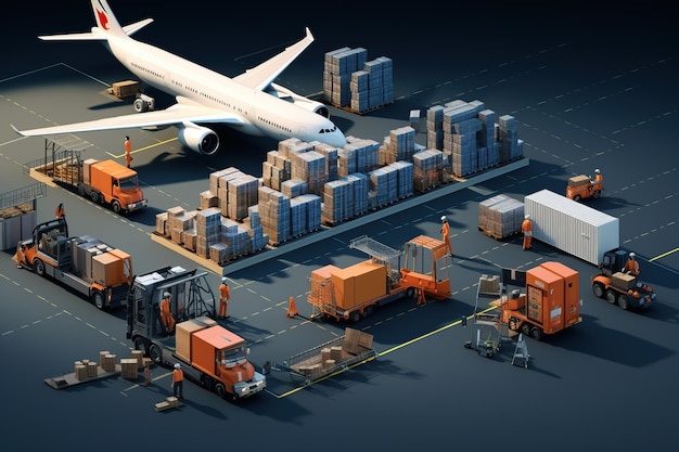 mundo do transporte aéreo de carga Representa uma movimentada pista de aeroporto com aviões de carga de vários tamanhos sendo carregados e descarregadosGenerado com IA