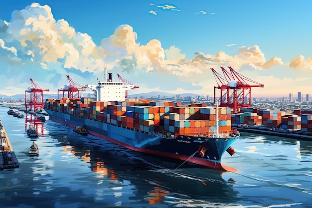mundo dos transportes marítimos Representa um porto movimentado com navios de carga de vários tamanhos e tipos carregando e descarregando mercadorias por guindastesGenerado com IA