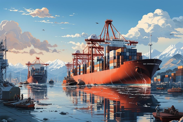 mundo dos transportes marítimos Represente um porto movimentado com navios de carga de vários tamanhos e tipos carregando e descarregando mercadorias por guindastes Gerados com IA