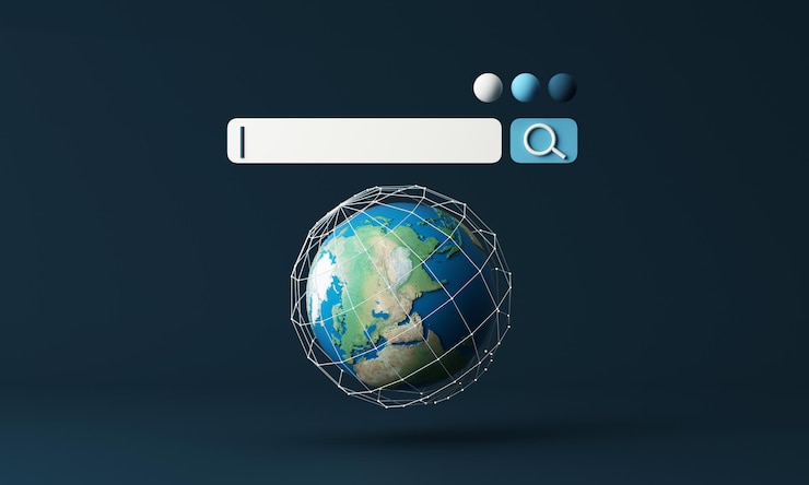 Foto mundo e barra de pesquisa conceito mínimo de internet no novo mundo conceito e conexão sem fio para encontrar e trabalhar no mundo do futuro em um fundo azul renderização 3d