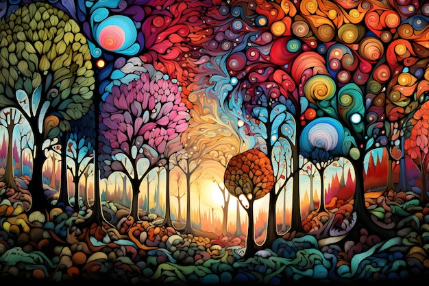 mundo de fantasía con árbol colorido