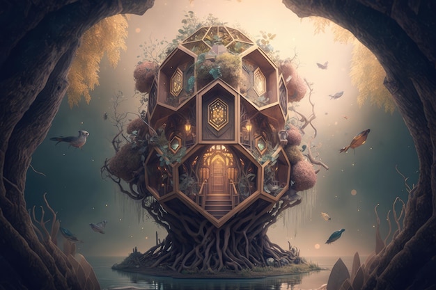 Mundo de fantasía de la casa del árbol hexagonal