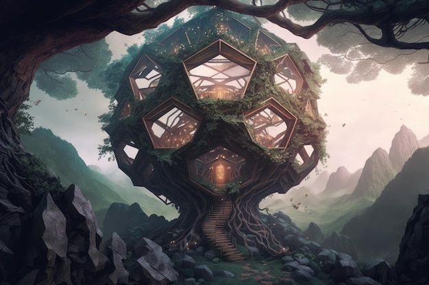 Mundo de fantasía de la casa del árbol hexagonal