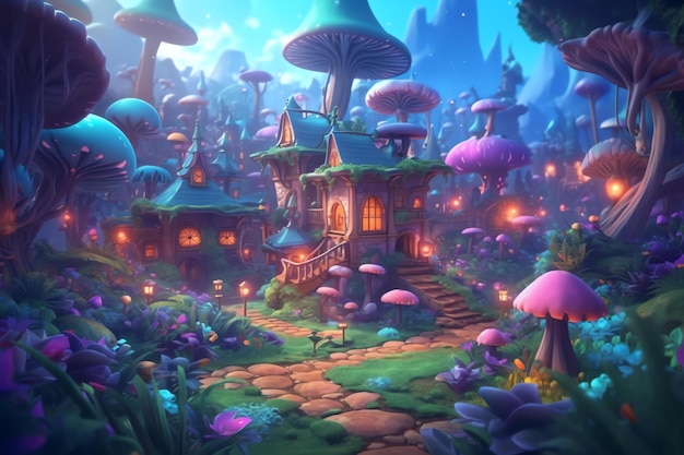 Un mundo de fantasía con una casa de hongos y una casa de hongos.