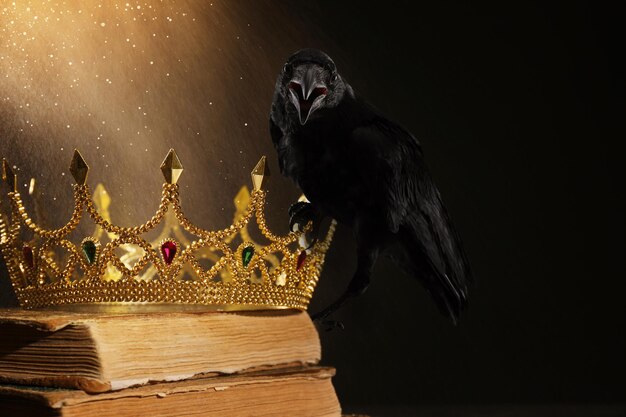 Mundo de fantasía Cuervo negro iluminado por una luz mágica sentado en una corona dorada