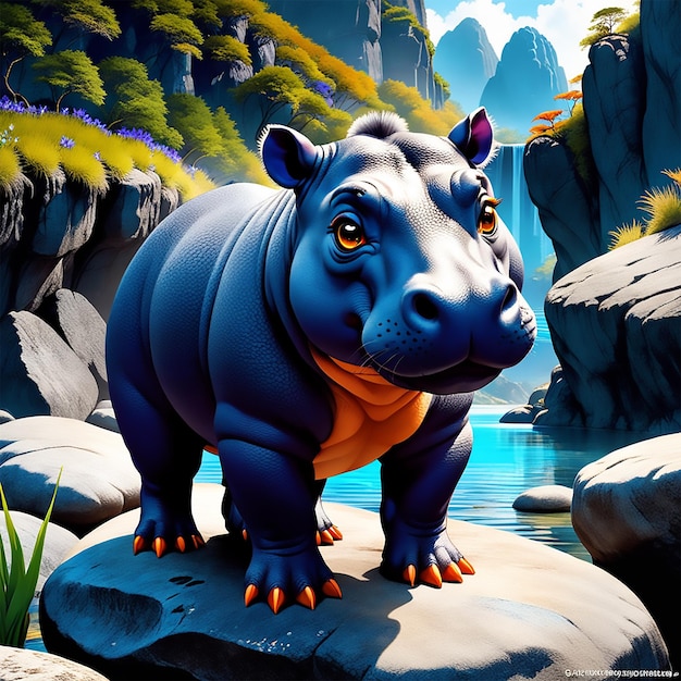 en un mundo de fantasía un hipopótamo de 35 cm de altura grandes ojos naranjas pupilas grandes orejas gran cabeza