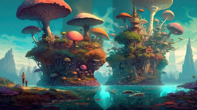 Un mundo de fantasía con un hongo y un puente.