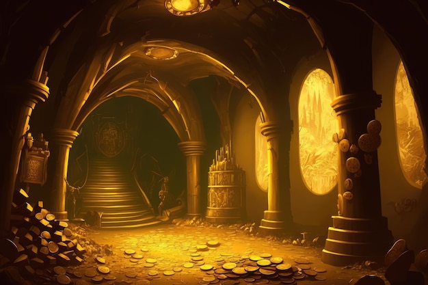 Mundo de fantasía de mina de oro o antigua cueva del tesoro