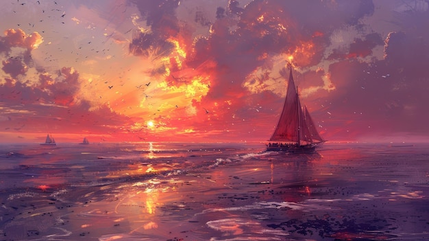 En este mundo fantástico los barcos se deslizan a través del cielo los peces se elevan bajo la luz de los tonos del atardecer