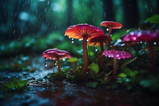 El mundo fantástico de los hongos hongos brillantes en el bosque nocturno empapado de lluvia