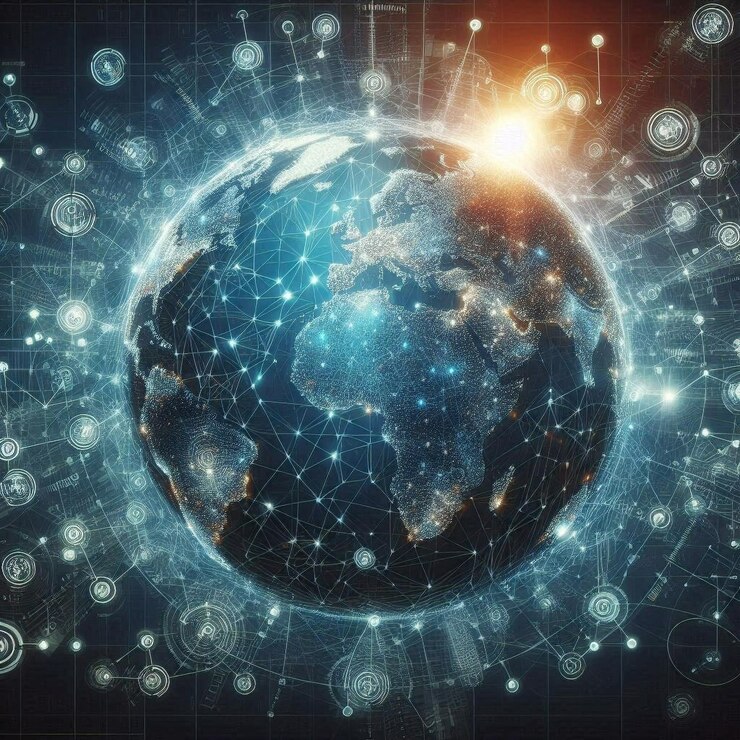 un mundo con un fondo azul y un mapa del mundo