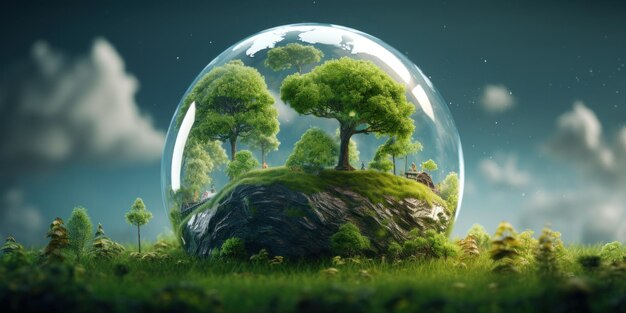 Mundo forestal en miniatura en un globo de vidrio ecosistema sostenible generativo ai