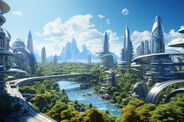 Mundo futurista de ciudades futuristas y paisajes vistos desde dentro construidos con artificial