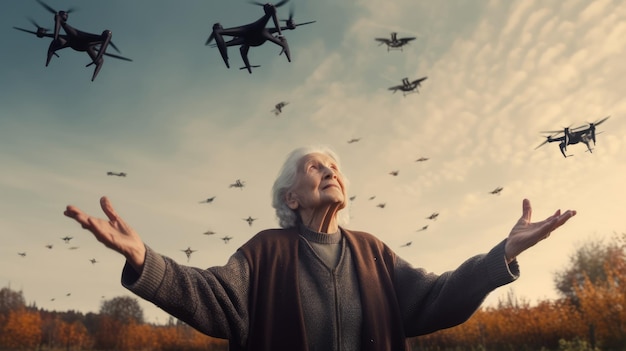 Mundo Futuro Una anciana rodeada por una bandada de drones