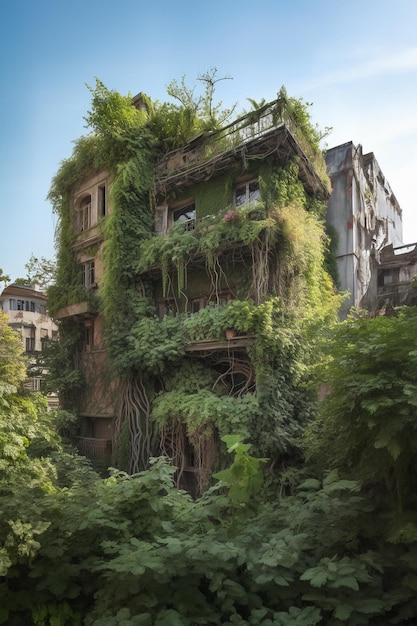 Foto un mundo futuro post-apocalíptico sin gente una ciudad perdida vacía abandonada con plantas exuberantes crece concepción futurista de la naturaleza energía ia generativa