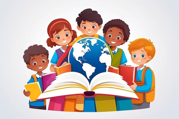 Foto mundo globo logotipo educação crianças salvam escola cuidando mãos livros crianças ícone