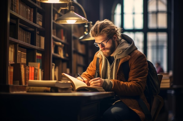 El mundo de los libros de un erudito hipster de la universidad que estudia en la biblioteca