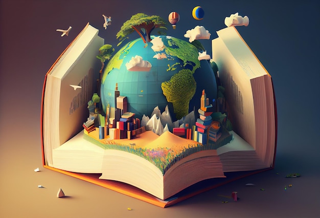 Mundo en libros Ilustración 3d Generar Ai