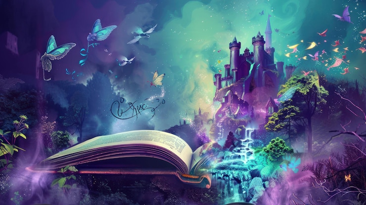 Foto un mundo mágico que emerge de un libro abierto